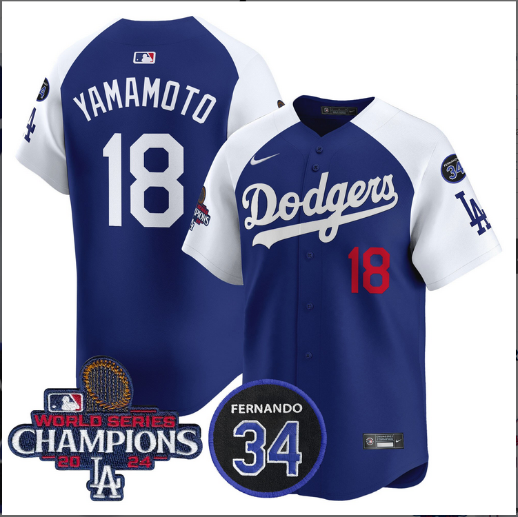 Men MLB Los Angeles Dodgers #18 Yamamoto blue 2024 World Series Champions Patch Limited Jersey style 3